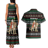 United Arab Emirates Christmas Couples Matching Tank Maxi Dress and Hawaiian Shirt with Santa Riding Cheetah Black Snowflake Pattern and Palm Tree - Wonder Print Shop