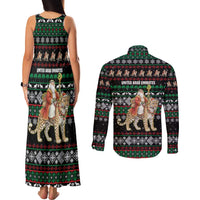 United Arab Emirates Christmas Couples Matching Tank Maxi Dress and Long Sleeve Button Shirt with Santa Riding Cheetah Black Snowflake Pattern and Palm Tree - Wonder Print Shop