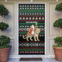 United Arab Emirates Christmas Door Cover with Santa Riding Cheetah Black Snowflake Pattern and Palm Tree - Wonder Print Shop