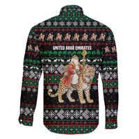 United Arab Emirates Christmas Family Matching Off The Shoulder Long Sleeve Dress and Hawaiian Shirt with Santa Riding Cheetah Black Snowflake Pattern and Palm Tree - Wonder Print Shop