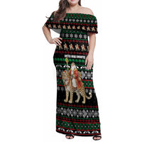 United Arab Emirates Christmas Family Matching Off Shoulder Maxi Dress and Hawaiian Shirt with Santa Riding Cheetah Black Snowflake Pattern and Palm Tree - Wonder Print Shop