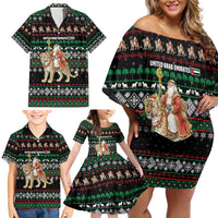 United Arab Emirates Christmas Family Matching Off Shoulder Short Dress and Hawaiian Shirt with Santa Riding Cheetah Black Snowflake Pattern and Palm Tree - Wonder Print Shop