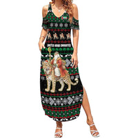 United Arab Emirates Christmas Family Matching Summer Maxi Dress and Hawaiian Shirt with Santa Riding Cheetah Black Snowflake Pattern and Palm Tree - Wonder Print Shop