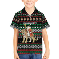 United Arab Emirates Christmas Family Matching Summer Maxi Dress and Hawaiian Shirt with Santa Riding Cheetah Black Snowflake Pattern and Palm Tree - Wonder Print Shop