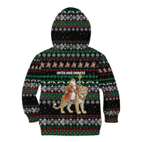 United Arab Emirates Christmas Kid Hoodie with Santa Riding Cheetah Black Snowflake Pattern and Palm Tree - Wonder Print Shop