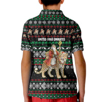 United Arab Emirates Christmas Kid Polo Shirt with Santa Riding Cheetah Black Snowflake Pattern and Palm Tree - Wonder Print Shop