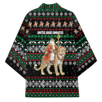 United Arab Emirates Christmas Kimono with Santa Riding Cheetah Black Snowflake Pattern and Palm Tree - Wonder Print Shop
