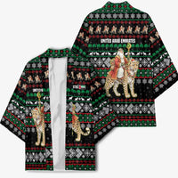 United Arab Emirates Christmas Kimono with Santa Riding Cheetah Black Snowflake Pattern and Palm Tree - Wonder Print Shop