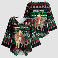 United Arab Emirates Christmas Kimono Sleeve Blouse with Santa Riding Cheetah Black Snowflake Pattern and Palm Tree - Wonder Print Shop