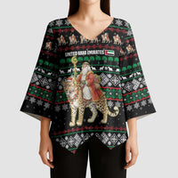 United Arab Emirates Christmas Kimono Sleeve Blouse with Santa Riding Cheetah Black Snowflake Pattern and Palm Tree - Wonder Print Shop
