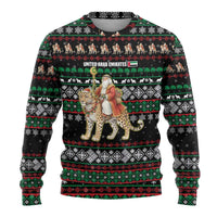 United Arab Emirates Christmas Ugly Christmas Sweater with Santa Riding Cheetah Black Snowflake Pattern and Palm Tree - Wonder Print Shop