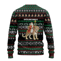 United Arab Emirates Christmas Ugly Christmas Sweater with Santa Riding Cheetah Black Snowflake Pattern and Palm Tree - Wonder Print Shop