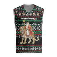 United Arab Emirates Christmas Knitted V-Neck Vest with Santa Riding Cheetah Black Snowflake Pattern and Palm Tree - Wonder Print Shop