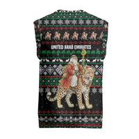 United Arab Emirates Christmas Knitted V-Neck Vest with Santa Riding Cheetah Black Snowflake Pattern and Palm Tree - Wonder Print Shop