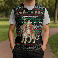 United Arab Emirates Christmas Knitted V-Neck Vest with Santa Riding Cheetah Black Snowflake Pattern and Palm Tree - Wonder Print Shop