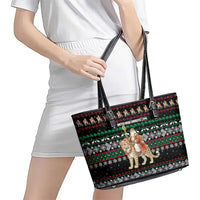 United Arab Emirates Christmas Leather Tote Bag with Santa Riding Cheetah Black Snowflake Pattern and Palm Tree - Wonder Print Shop