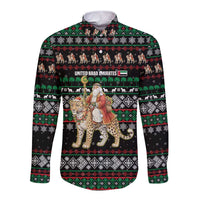 United Arab Emirates Christmas Long Sleeve Button Shirt with Santa Riding Cheetah Black Snowflake Pattern and Palm Tree - Wonder Print Shop