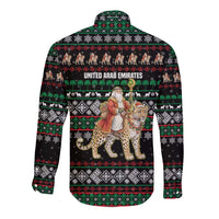 United Arab Emirates Christmas Long Sleeve Button Shirt with Santa Riding Cheetah Black Snowflake Pattern and Palm Tree - Wonder Print Shop