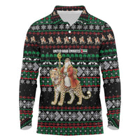 United Arab Emirates Christmas Long Sleeve Polo Shirt with Santa Riding Cheetah Black Snowflake Pattern and Palm Tree - Wonder Print Shop