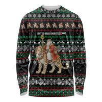 United Arab Emirates Christmas Long Sleeve Shirt with Santa Riding Cheetah Black Snowflake Pattern and Palm Tree - Wonder Print Shop