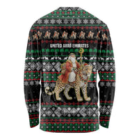 United Arab Emirates Christmas Long Sleeve Shirt with Santa Riding Cheetah Black Snowflake Pattern and Palm Tree - Wonder Print Shop