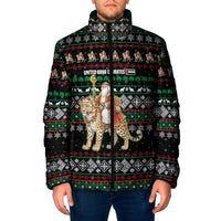 United Arab Emirates Christmas Padded Jacket with Santa Riding Cheetah Black Snowflake Pattern and Palm Tree - Wonder Print Shop