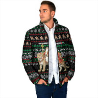United Arab Emirates Christmas Padded Jacket with Santa Riding Cheetah Black Snowflake Pattern and Palm Tree - Wonder Print Shop