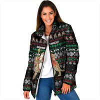United Arab Emirates Christmas Padded Jacket with Santa Riding Cheetah Black Snowflake Pattern and Palm Tree - Wonder Print Shop