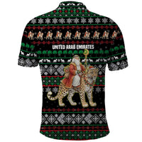 United Arab Emirates Christmas Polo Shirt with Santa Riding Cheetah Black Snowflake Pattern and Palm Tree - Wonder Print Shop
