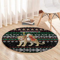 United Arab Emirates Christmas Round Carpet with Santa Riding Cheetah Black Snowflake Pattern and Palm Tree - Wonder Print Shop