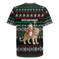 United Arab Emirates Christmas Rugby Jersey with Santa Riding Cheetah Black Snowflake Pattern and Palm Tree - Wonder Print Shop