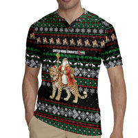 United Arab Emirates Christmas Rugby Jersey with Santa Riding Cheetah Black Snowflake Pattern and Palm Tree - Wonder Print Shop