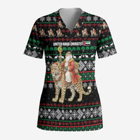 United Arab Emirates Christmas Scrub Top with Santa Riding Cheetah Black Snowflake Pattern and Palm Tree - Wonder Print Shop