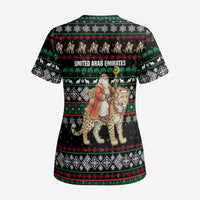 United Arab Emirates Christmas Scrub Top with Santa Riding Cheetah Black Snowflake Pattern and Palm Tree - Wonder Print Shop