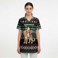 United Arab Emirates Christmas Scrub Top with Santa Riding Cheetah Black Snowflake Pattern and Palm Tree - Wonder Print Shop