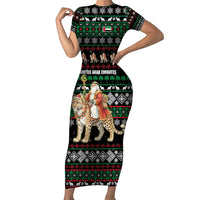 United Arab Emirates Christmas Short Sleeve Bodycon Dress with Santa Riding Cheetah Black Snowflake Pattern and Palm Tree - Wonder Print Shop