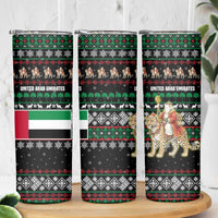 United Arab Emirates Christmas Skinny Tumbler with Santa Riding Cheetah Black Snowflake Pattern and Palm Tree - Wonder Print Shop