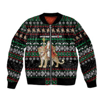 United Arab Emirates Christmas Sleeve Zip Bomber Jacket with Santa Riding Cheetah Black Snowflake Pattern and Palm Tree - Wonder Print Shop