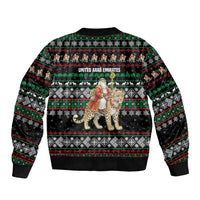 United Arab Emirates Christmas Sleeve Zip Bomber Jacket with Santa Riding Cheetah Black Snowflake Pattern and Palm Tree - Wonder Print Shop