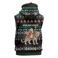 United Arab Emirates Christmas Sleeveless Zip Hoodie with Santa Riding Cheetah Black Snowflake Pattern and Palm Tree - Wonder Print Shop