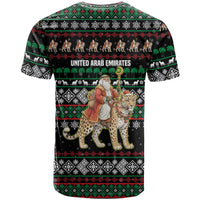 United Arab Emirates Christmas T Shirt with Santa Riding Cheetah Black Snowflake Pattern and Palm Tree - Wonder Print Shop