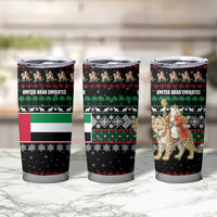 United Arab Emirates Christmas Tumbler Cup with Santa Riding Cheetah Black Snowflake Pattern and Palm Tree - Wonder Print Shop