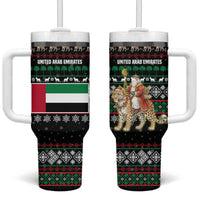 United Arab Emirates Christmas Tumbler With Handle with Santa Riding Cheetah Black Snowflake Pattern and Palm Tree - Wonder Print Shop