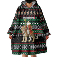 United Arab Emirates Christmas Wearable Blanket Hoodie with Santa Riding Cheetah Black Snowflake Pattern and Palm Tree - Wonder Print Shop