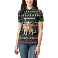 United Arab Emirates Christmas Women Polo Shirt with Santa Riding Cheetah Black Snowflake Pattern and Palm Tree - Wonder Print Shop