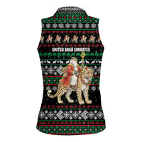 United Arab Emirates Christmas Women Sleeveless Polo Shirt with Santa Riding Cheetah Black Snowflake Pattern and Palm Tree - Wonder Print Shop