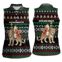 United Arab Emirates Christmas Women Sleeveless Polo Shirt with Santa Riding Cheetah Black Snowflake Pattern and Palm Tree - Wonder Print Shop
