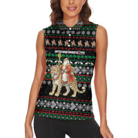 United Arab Emirates Christmas Women Sleeveless Polo Shirt with Santa Riding Cheetah Black Snowflake Pattern and Palm Tree - Wonder Print Shop