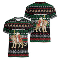 United Arab Emirates Christmas Women V-Neck T-Shirt with Santa Riding Cheetah Black Snowflake Pattern and Palm Tree - Wonder Print Shop