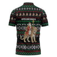 United Arab Emirates Christmas Zipper Polo Shirt with Santa Riding Cheetah Black Snowflake Pattern and Palm Tree - Wonder Print Shop